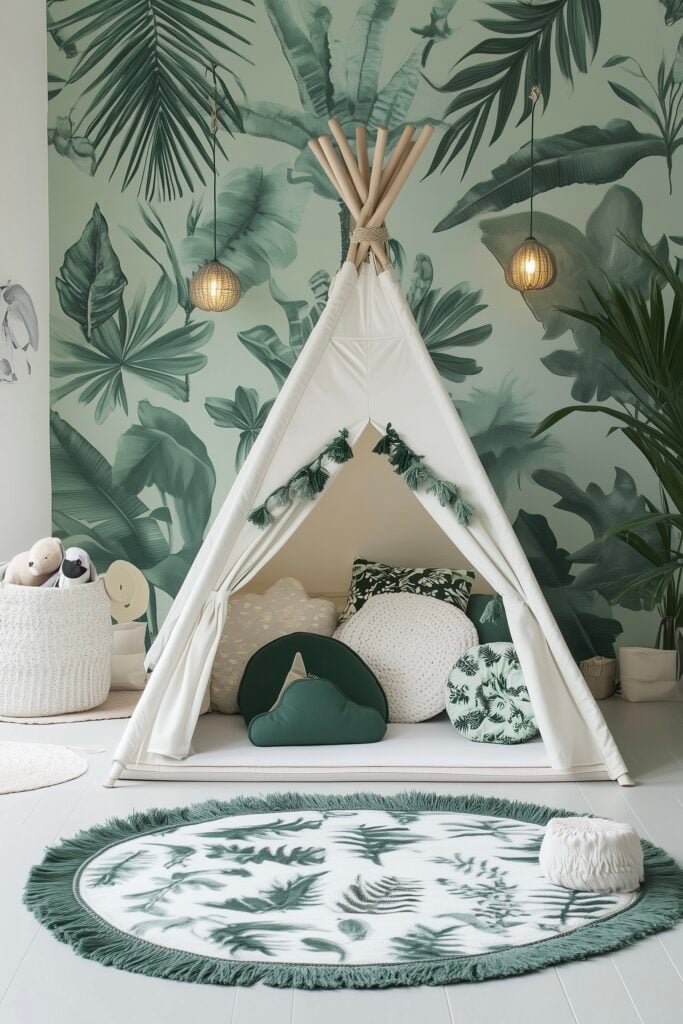 chambre enfant thème jungle décoration blanche verte