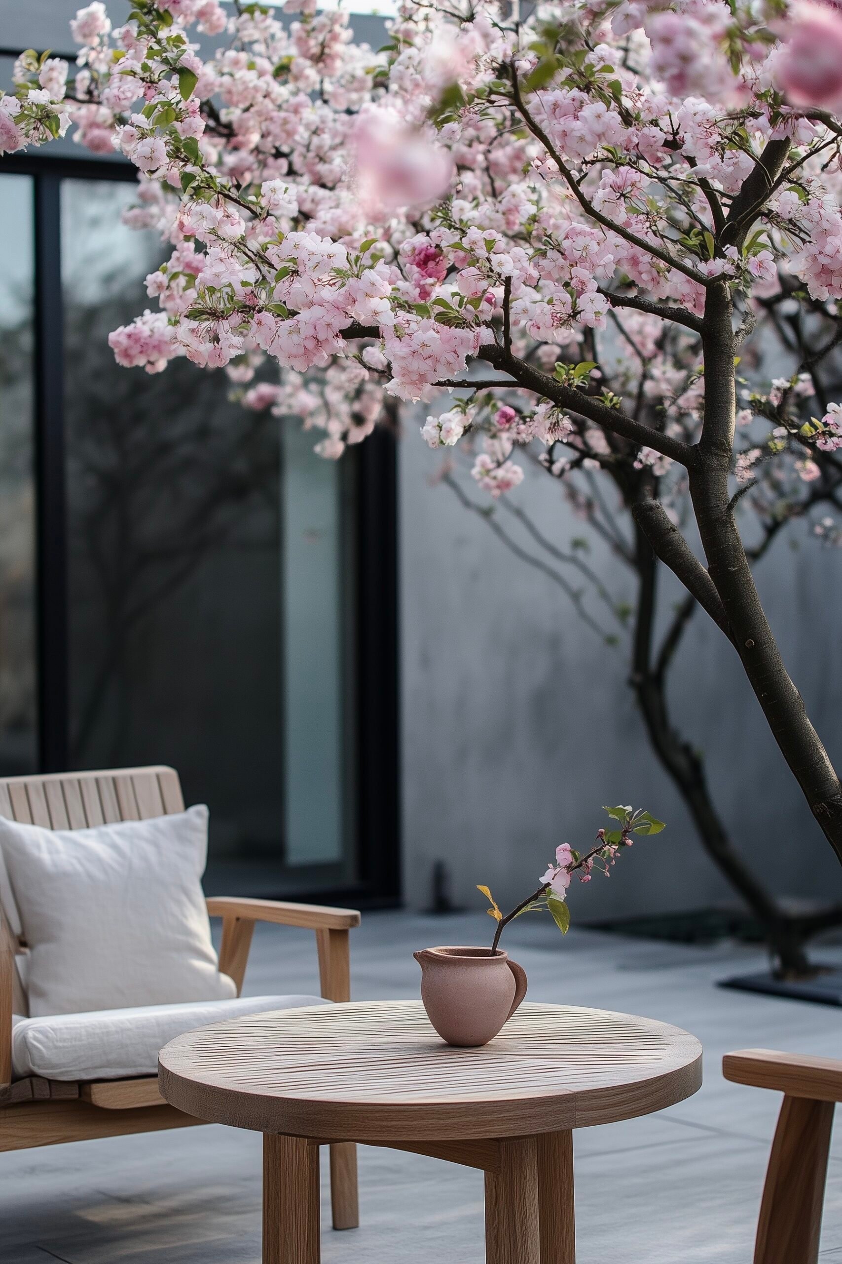 cour intérieure maison moderne grise bois cerisier style japonais