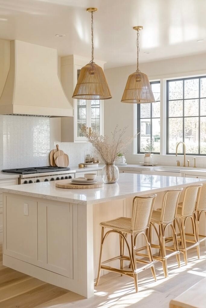 cuisine blanche laquée bien ranger tabouret rotin