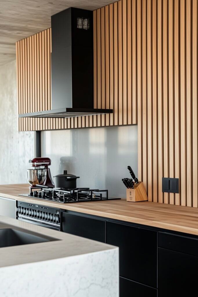 cuisine bois noire bien ordonnée tasseaux