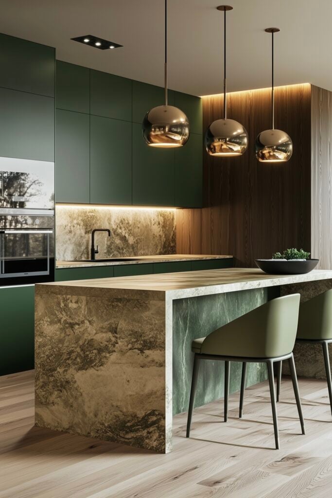 cuisine luxe marbre gris meuble vert