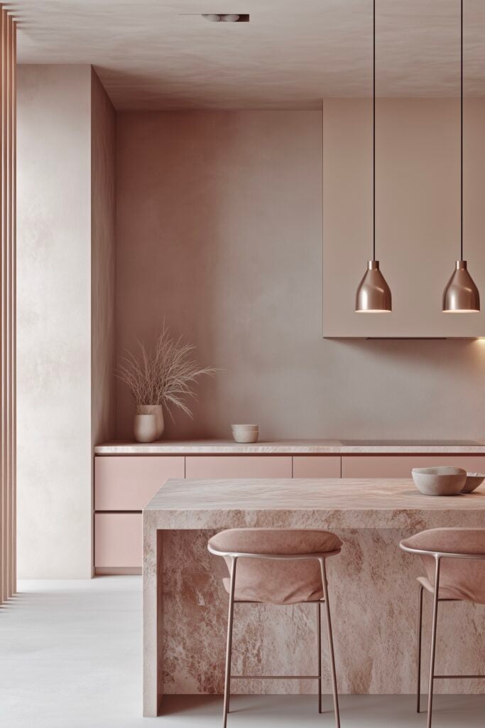 cuisine rose pastel lampe cuivre plan de travail marbre