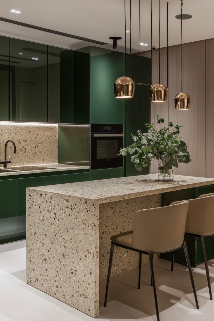 cuisine verte marbre terrazzo lampe laiton