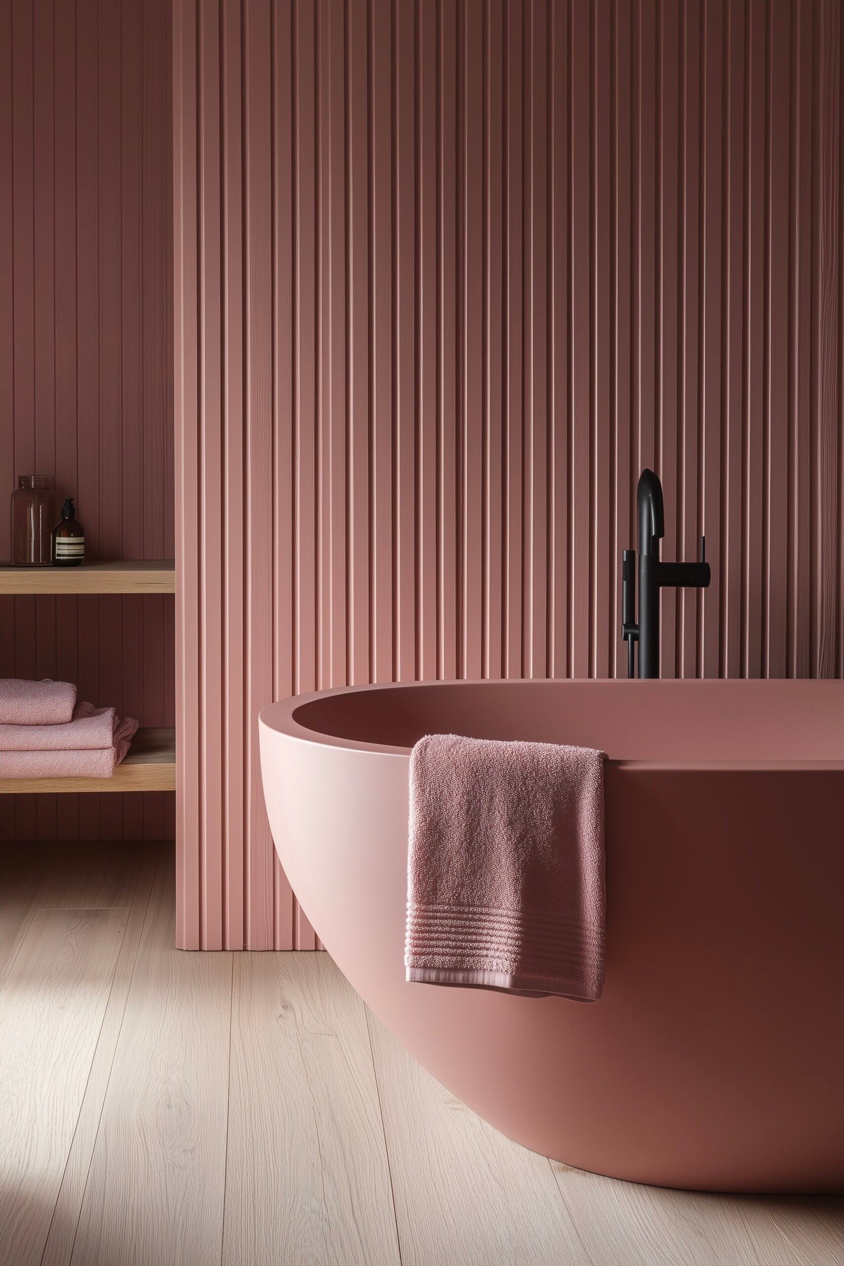 inspiration déco salle de bains rose parquet chêne