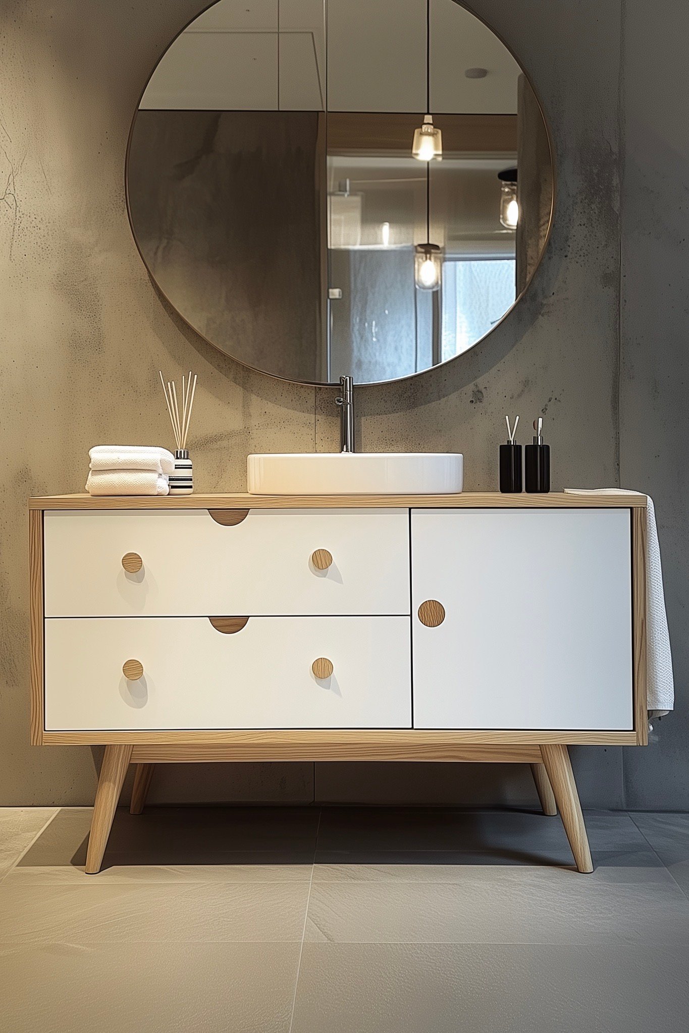 meuble salle de bain bois blanc mur béton