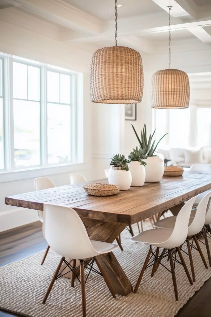 salle à manger table bois massif chaise plastique blanche Eames