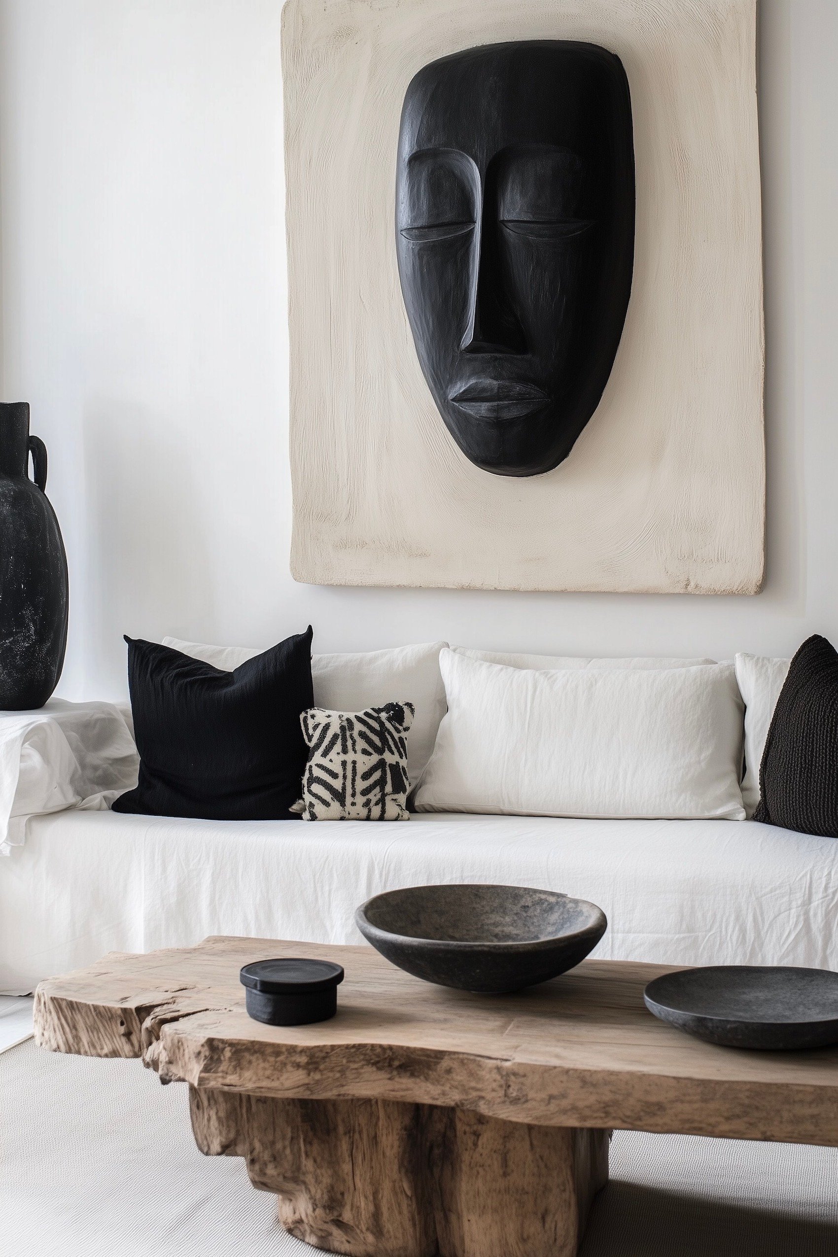 salon noir et blanc décoration ethnique masque africain sculpture