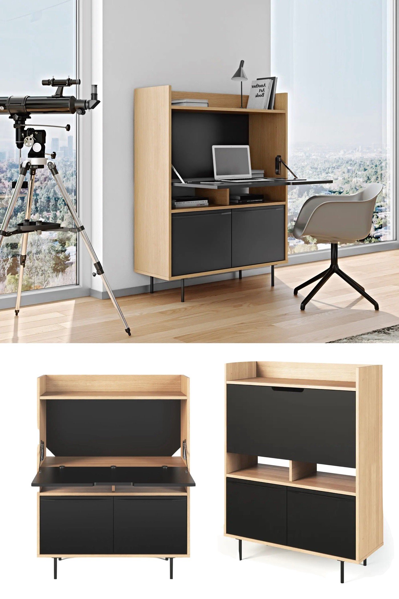 secrétaire sur pied bois noir étroit