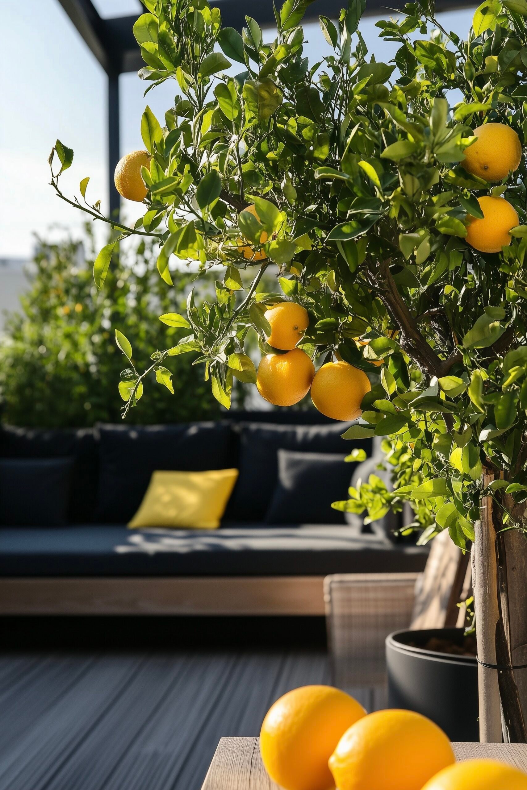 terrasse citronnier fruits jaunes mobilier minimaliste design