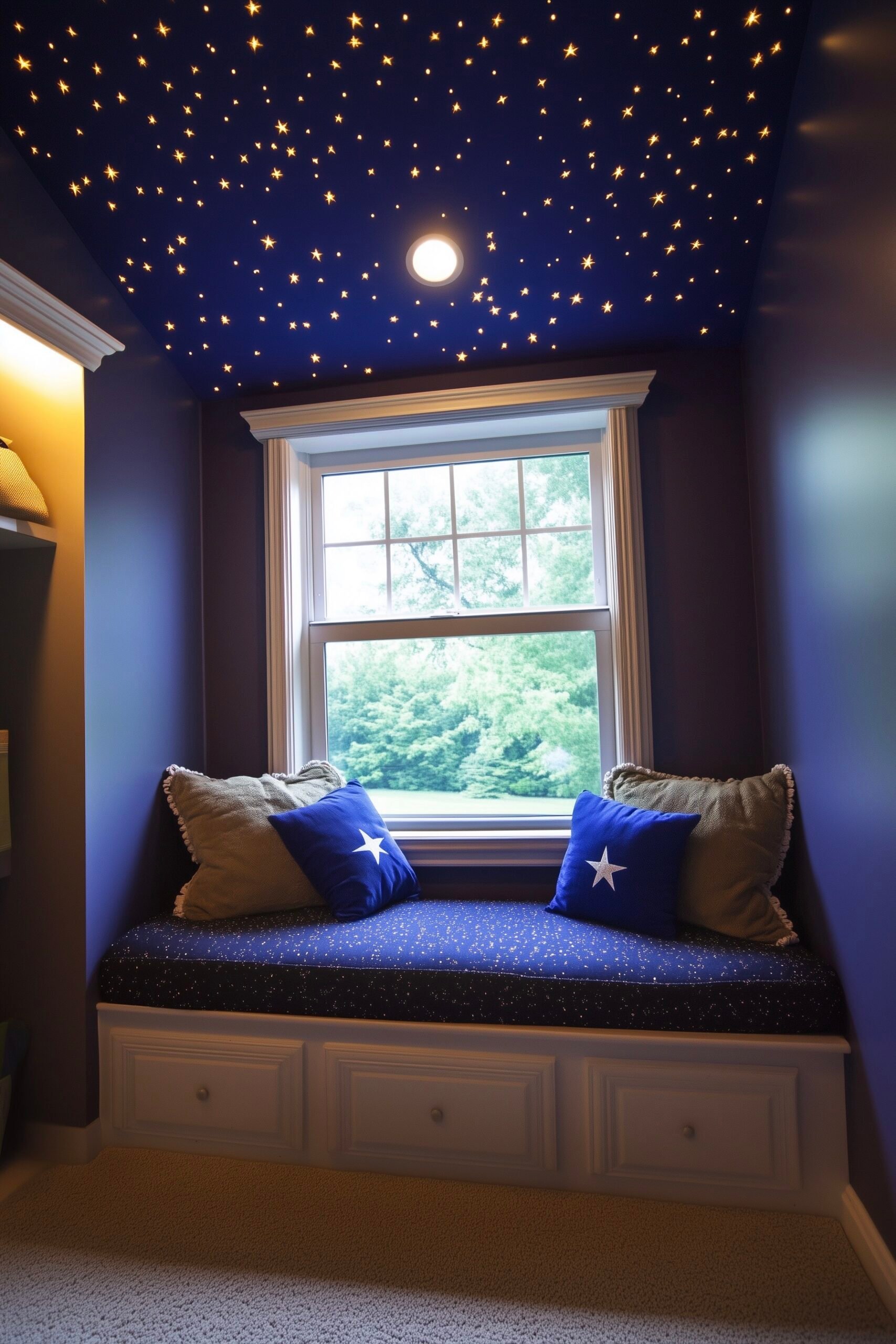 banquette enfant sous fenêtre chambre bleue nuit