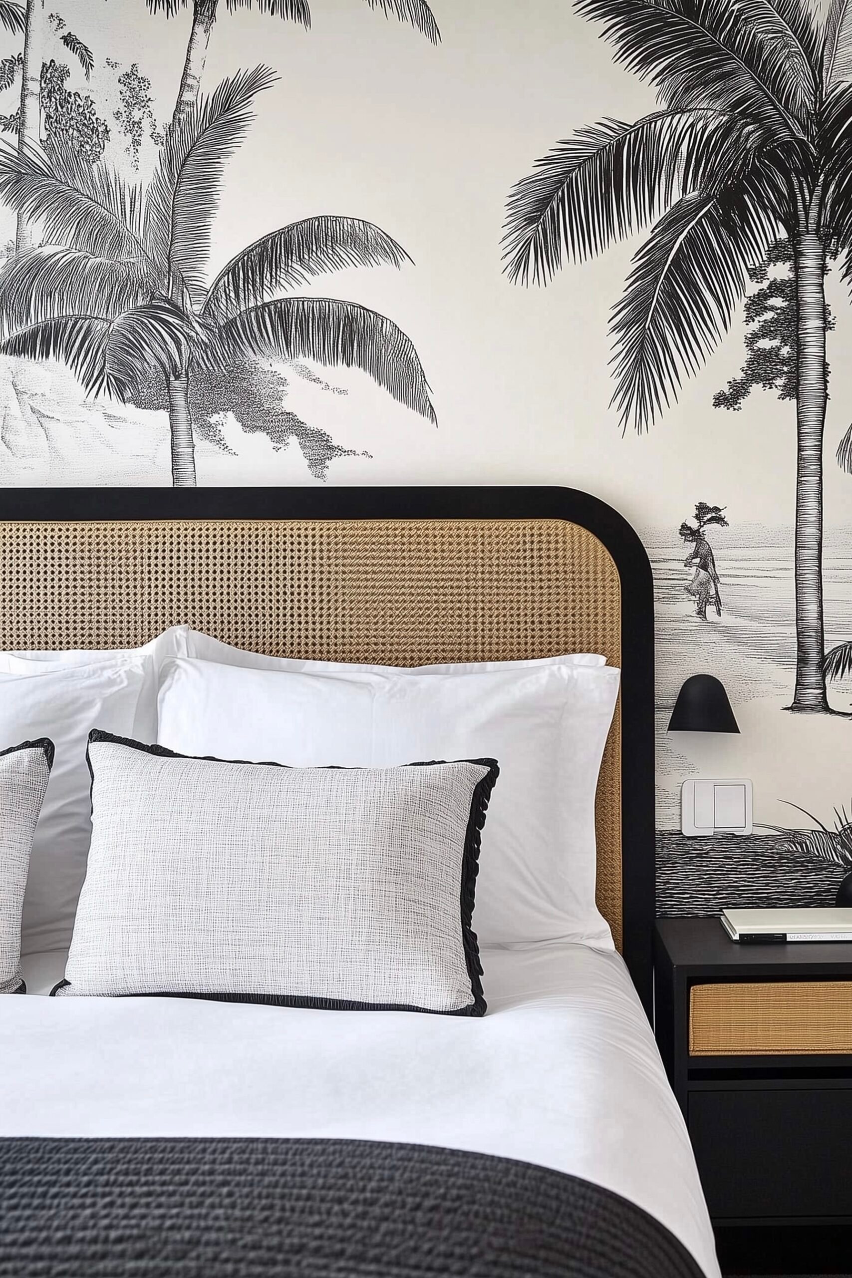 chambre noir blanc tête de lit cannage diy