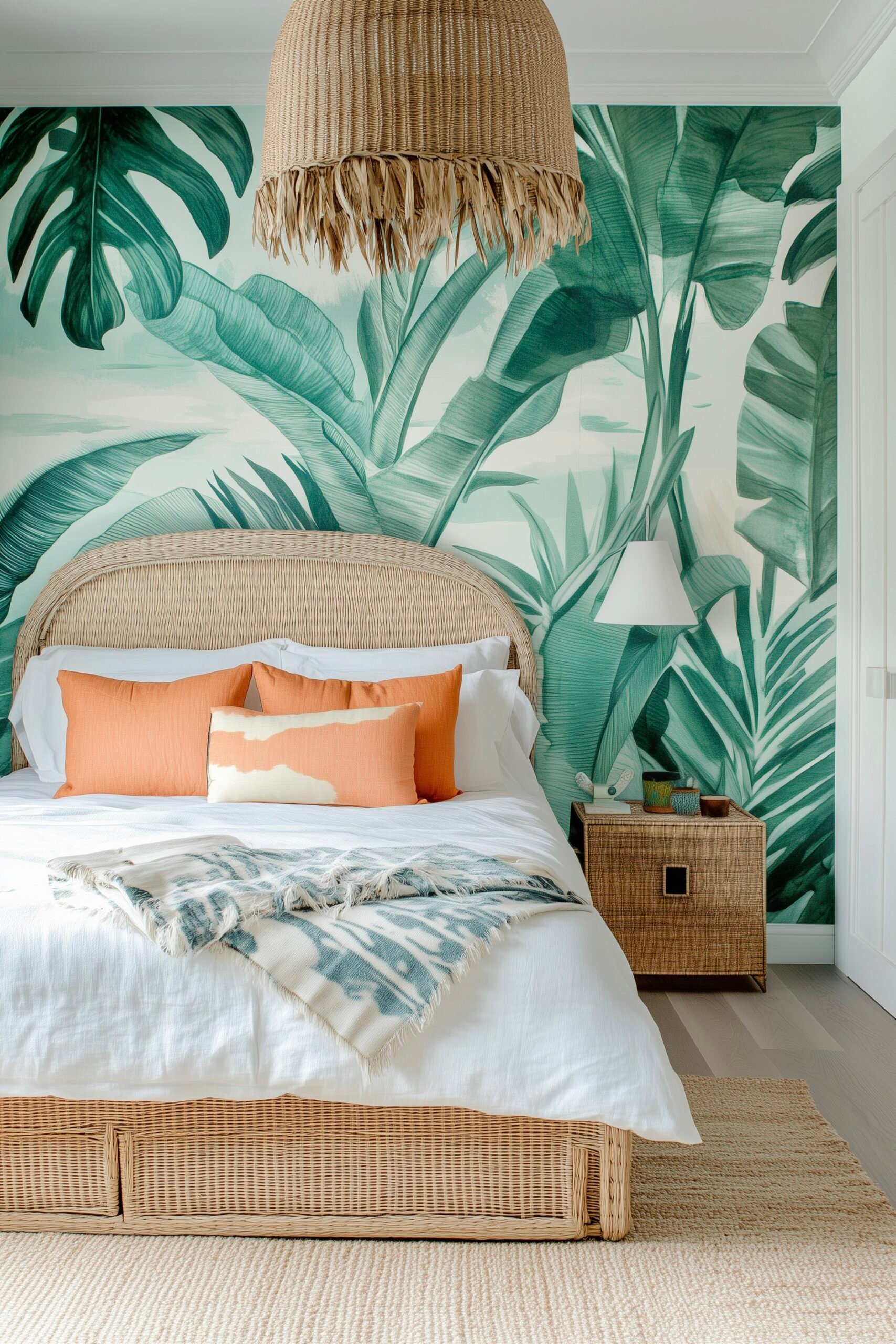 chambre voyage lit rotin déco orange vert