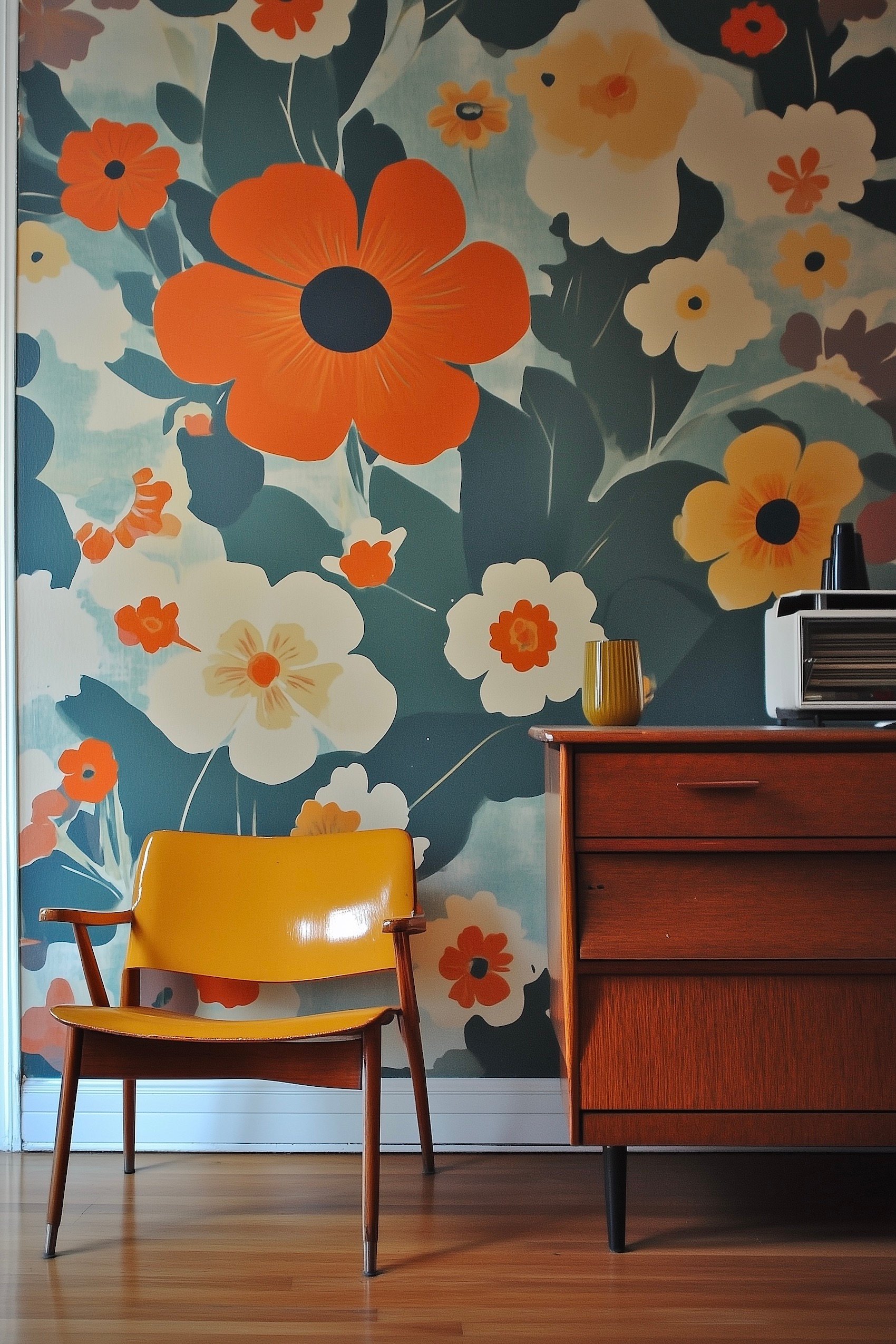 intérieur retro console scandinave mid-century tapisserie années 60