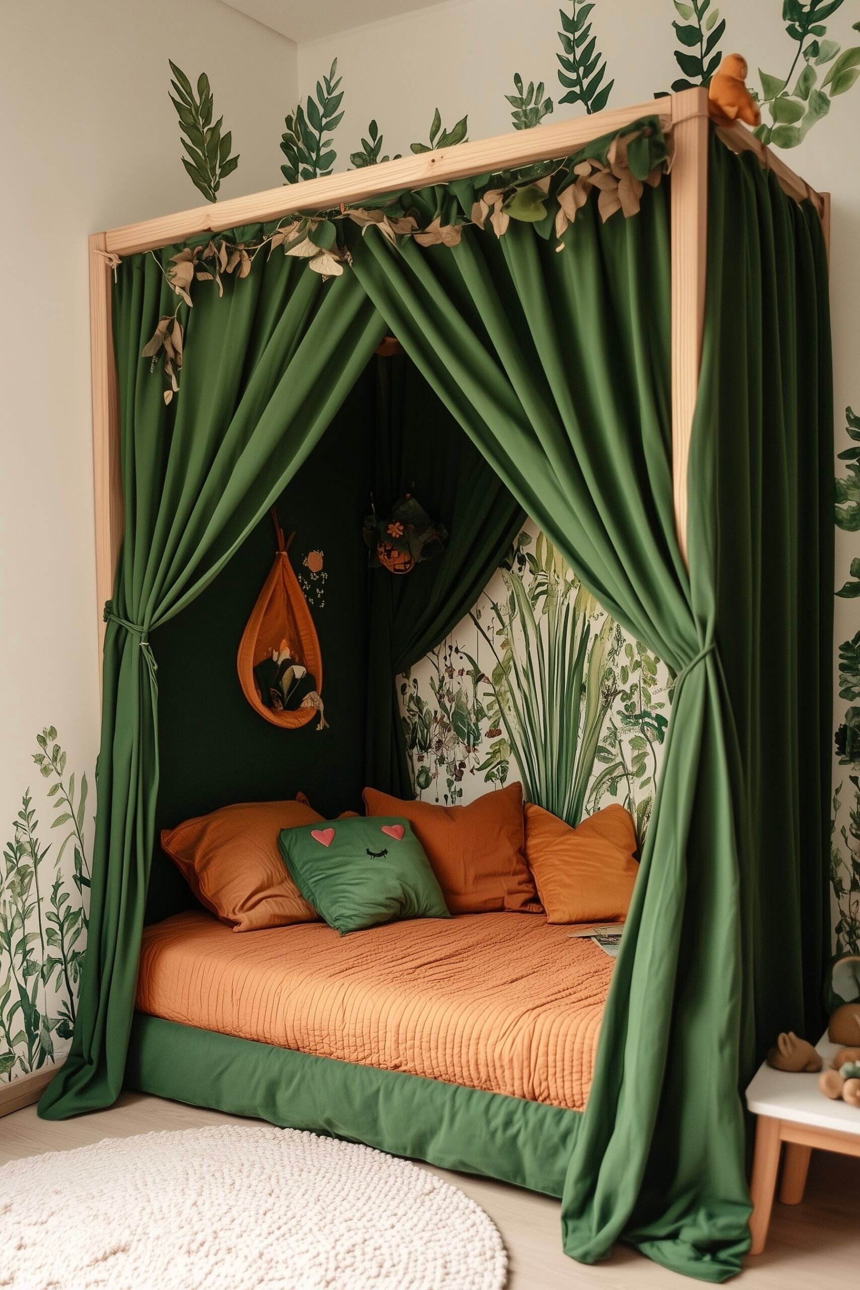 lit cabane diy chambre enfant orange vert forêt