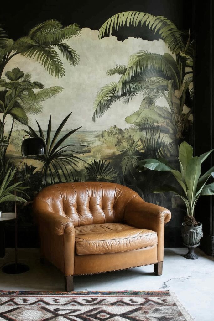 papier peint colonial palmier fauteuil chesterfield