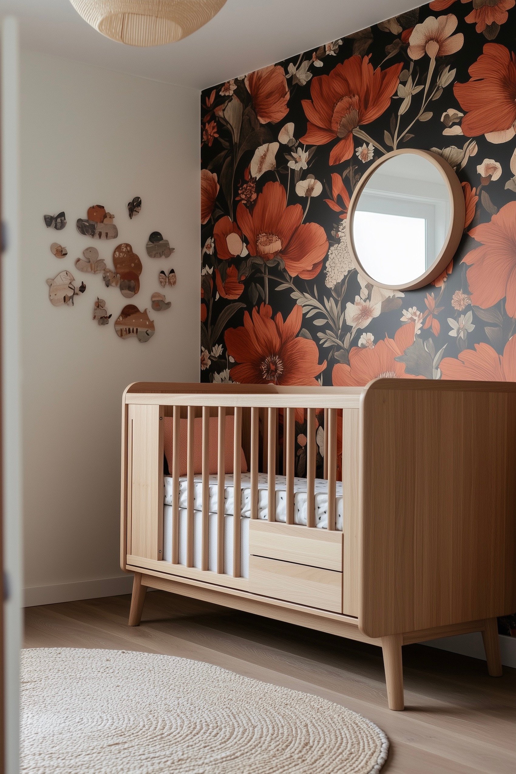 papier peint rétro coquelicot chambre bébé lit barreaux bois massif