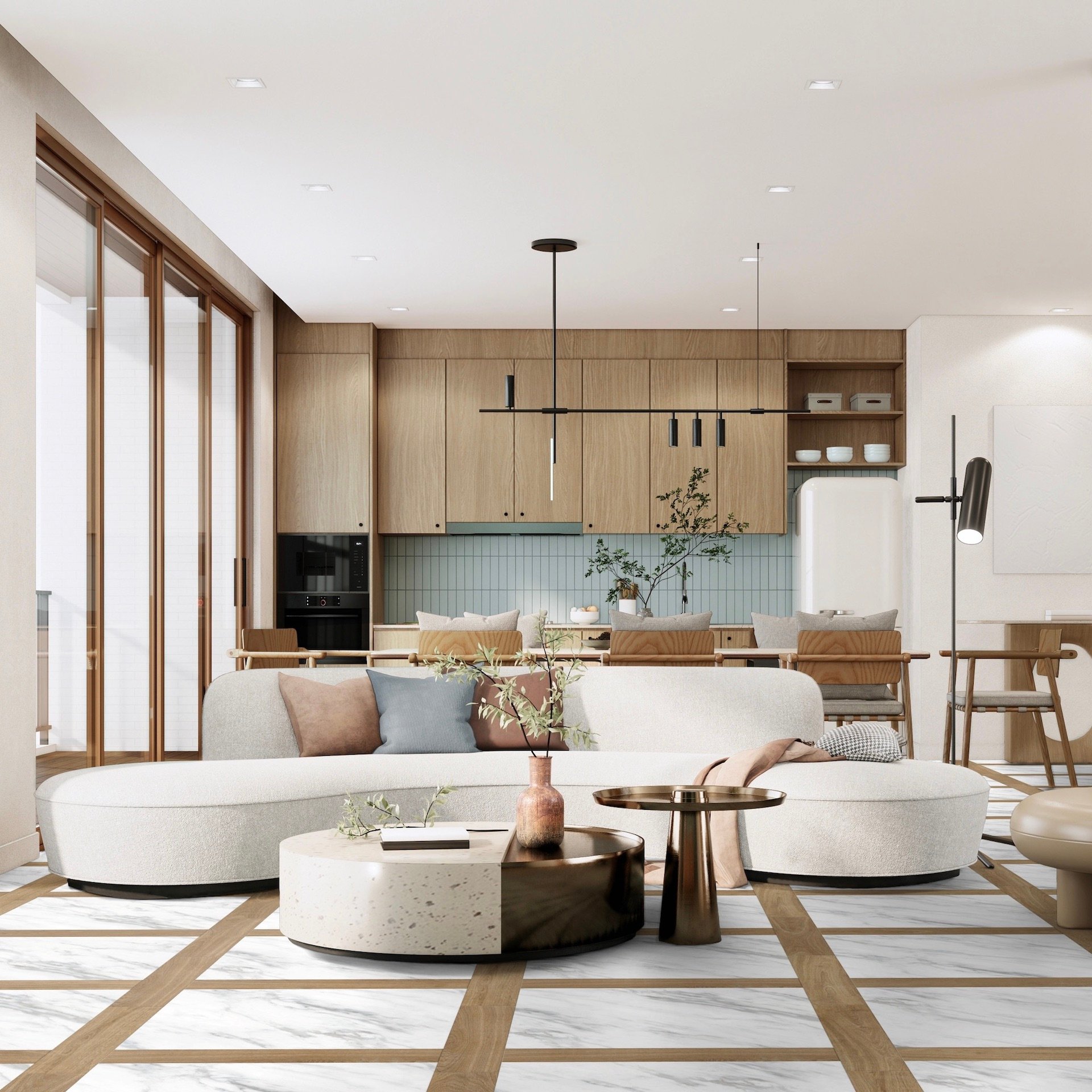 salon cuisine décoration bois marbre chic