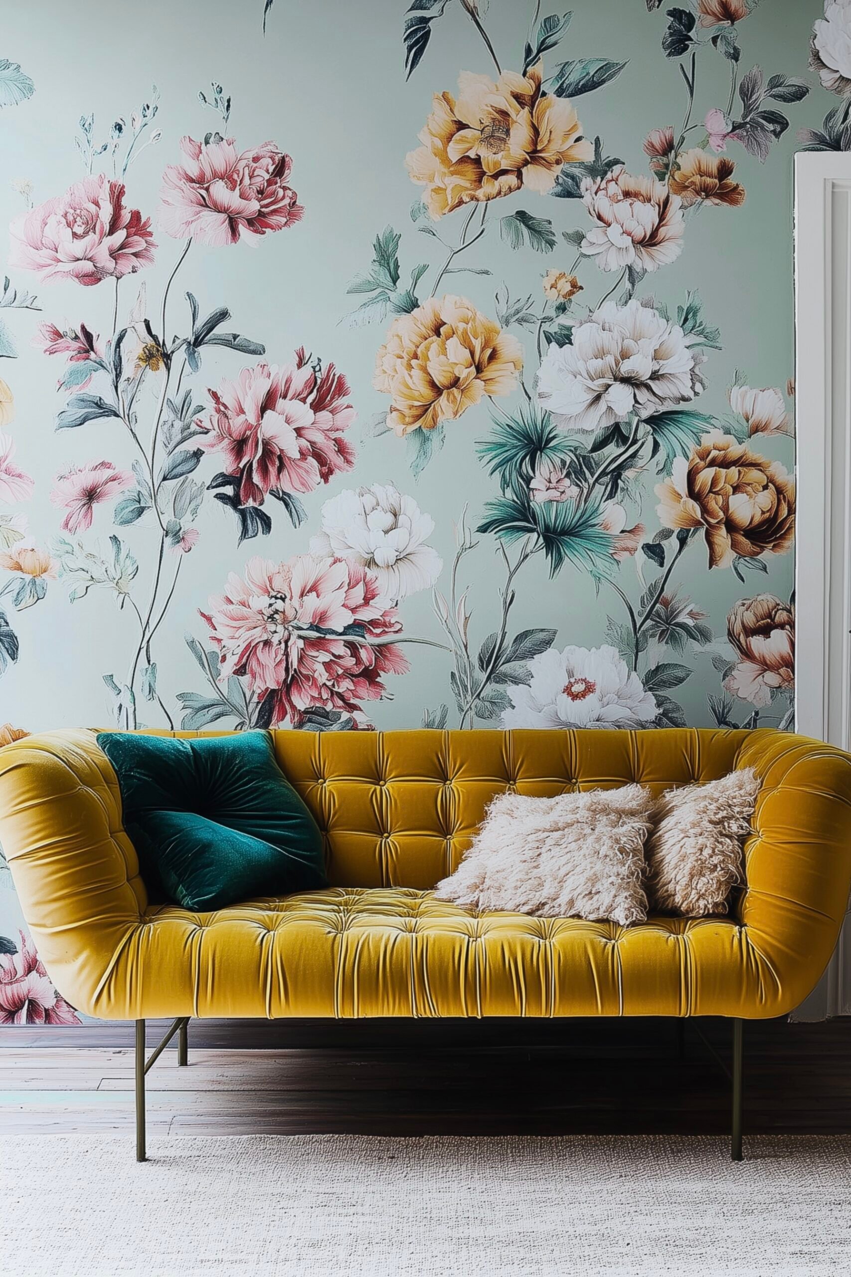 salon haut en couleurs canapé velours jaune