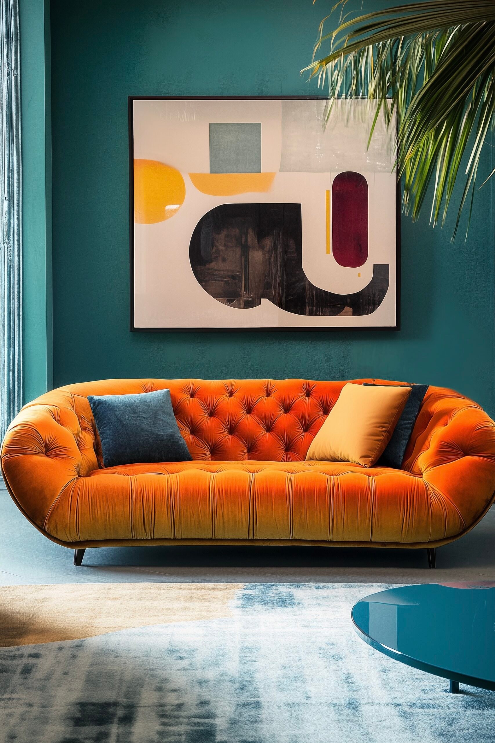 salon mur bleu canard canapé orange capitonné