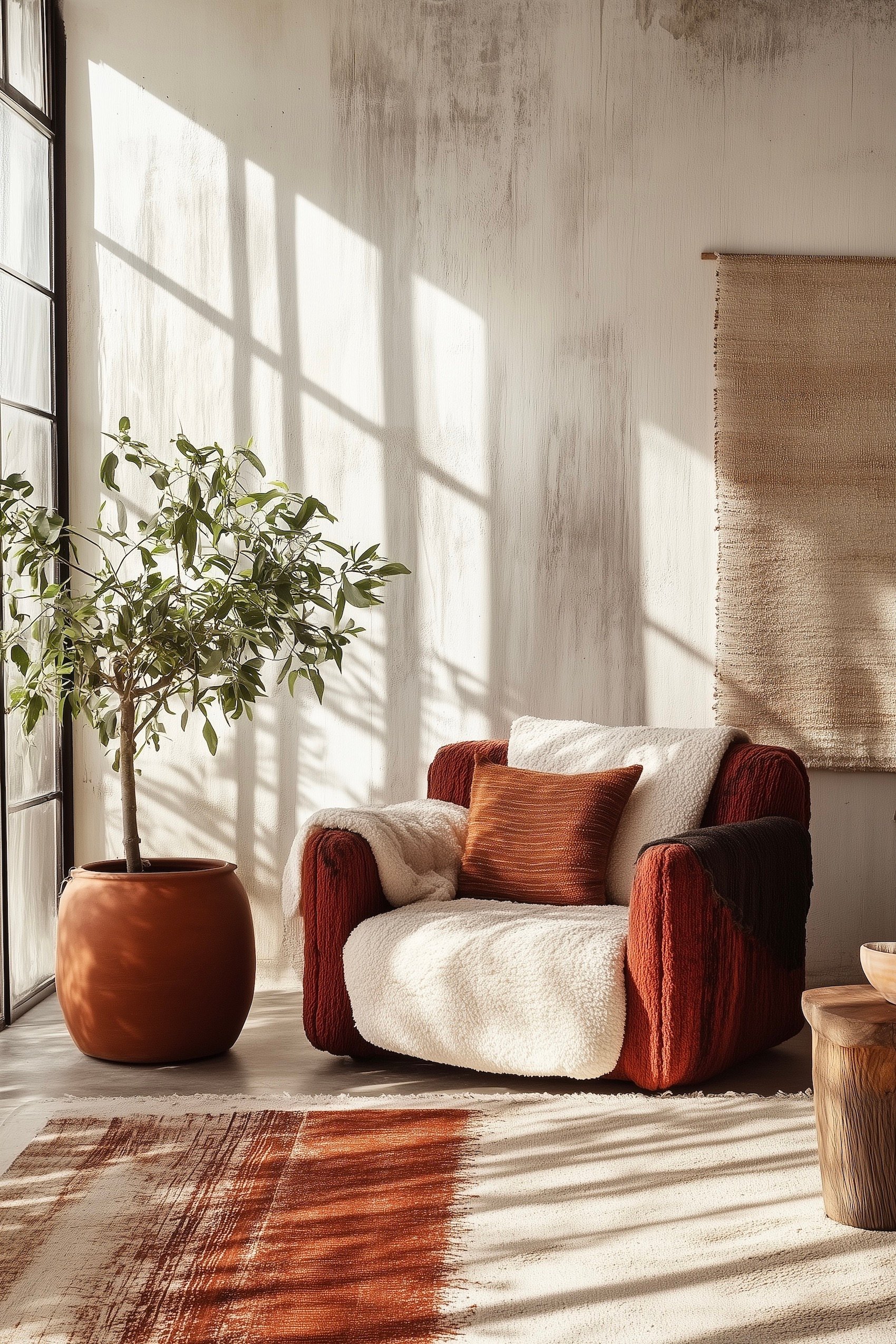 salon mur brut fauteuil club velours bordeaux