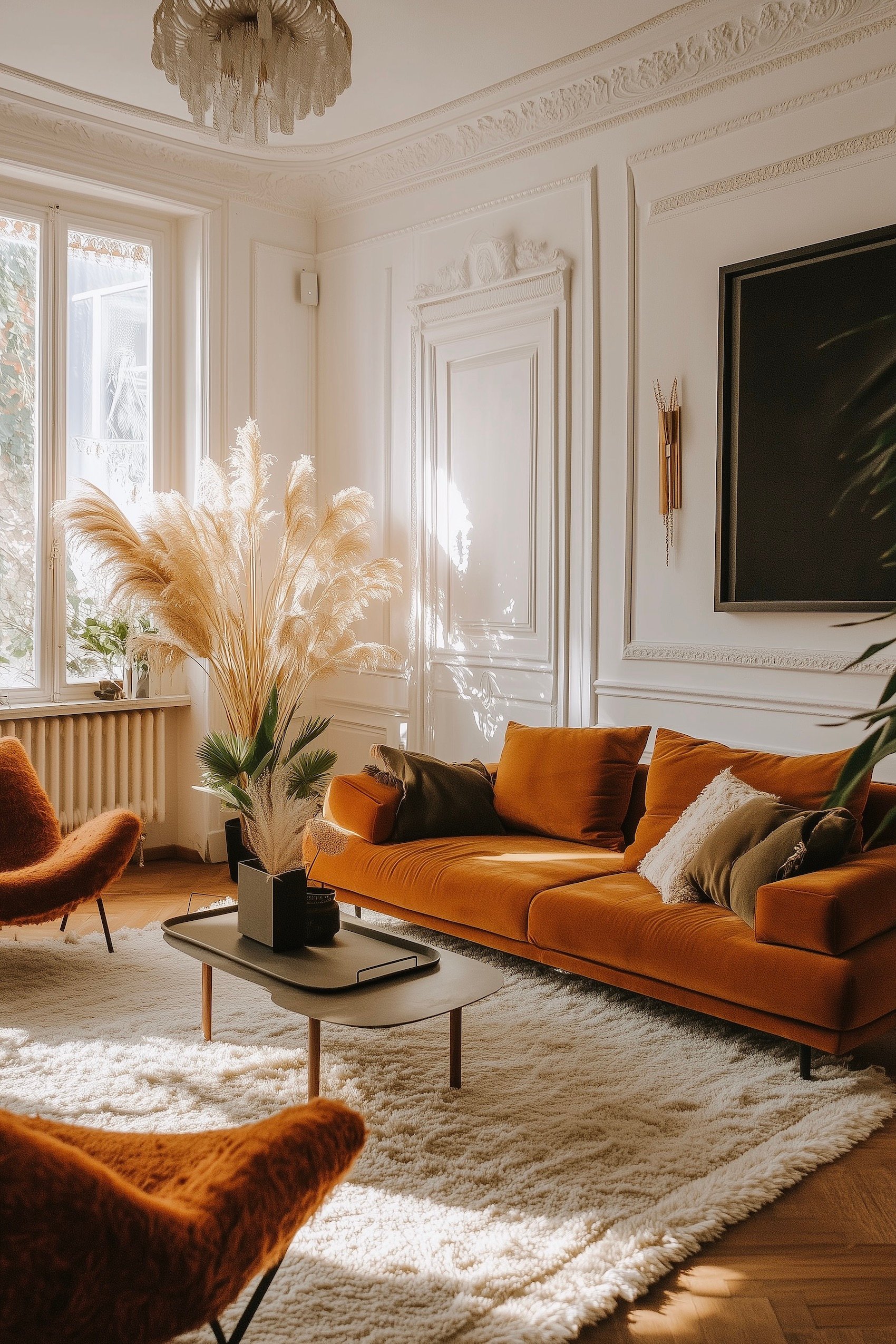 salon parisien déco boho canapé velours orange