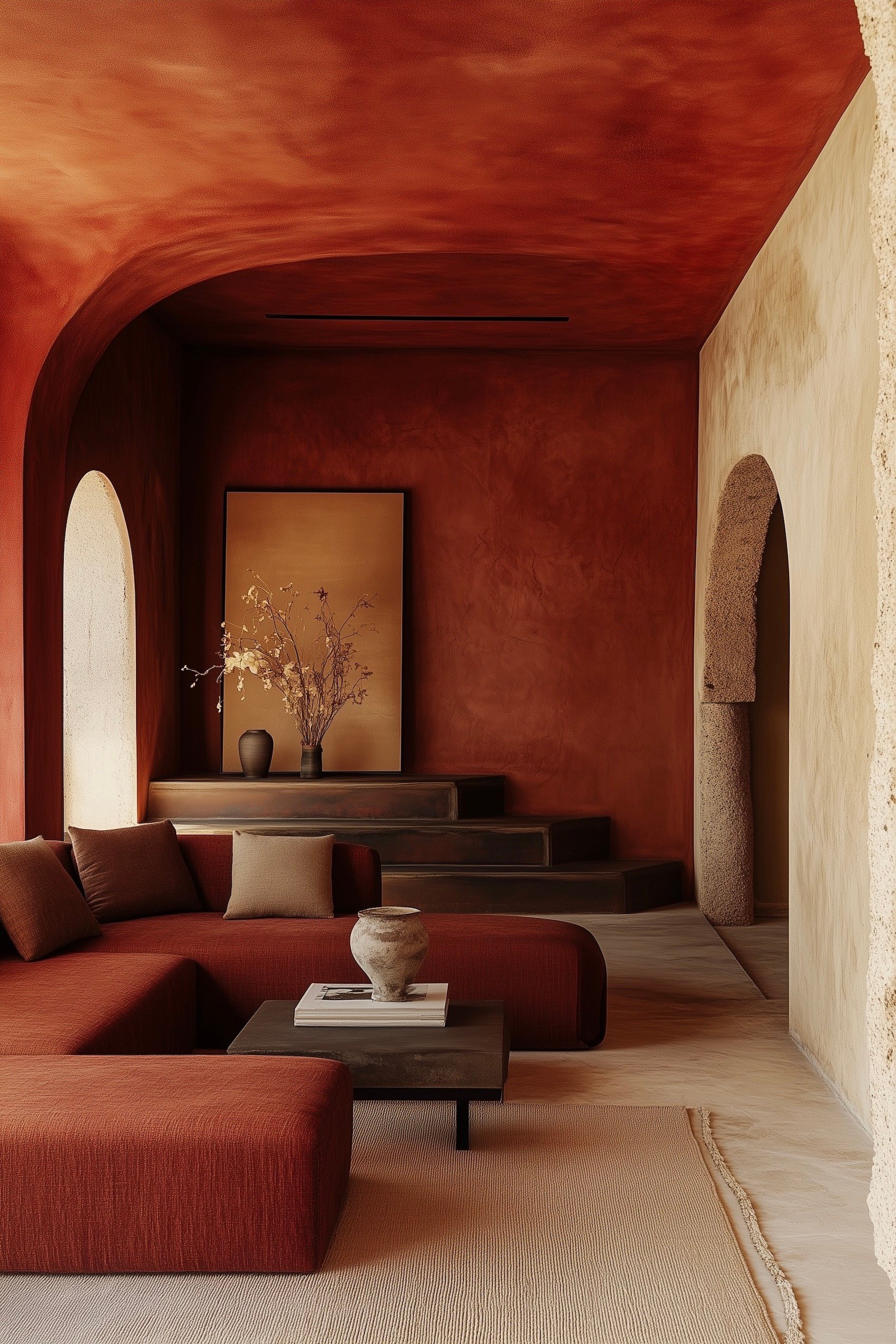 séjour mur plafond couleur rouge brique