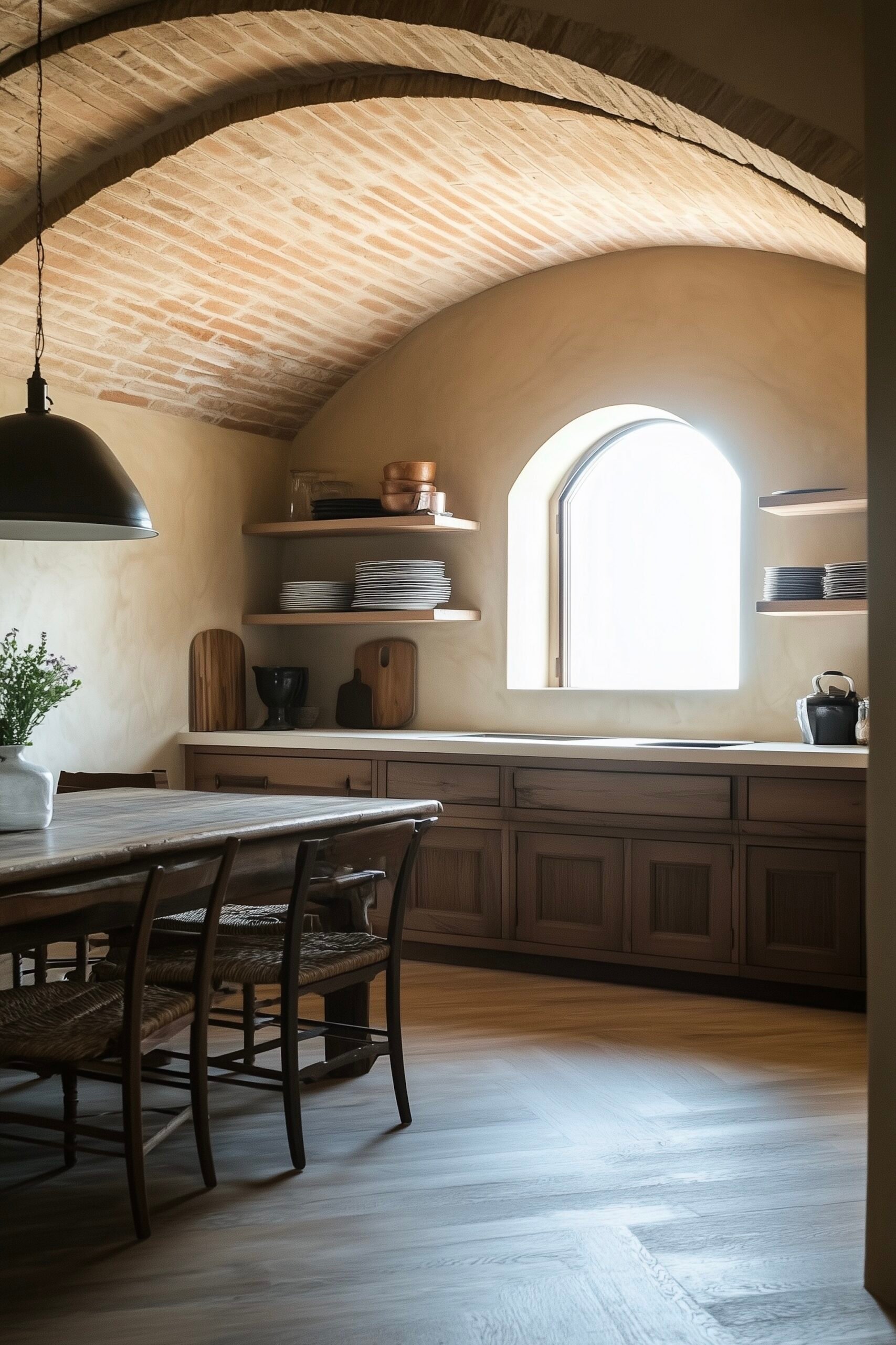 table campagne mur arche briques salle à manger