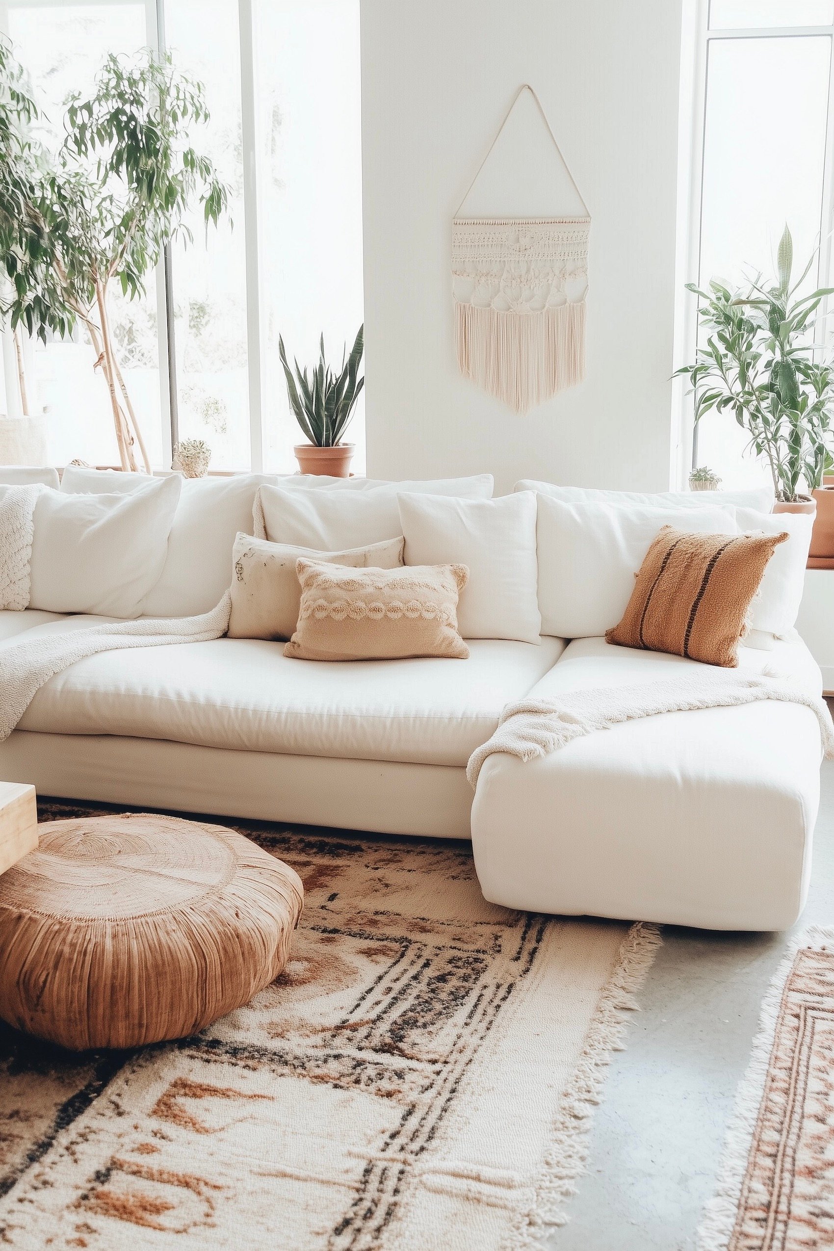 tapis traditionnel canapé lin blanc angle arrondi