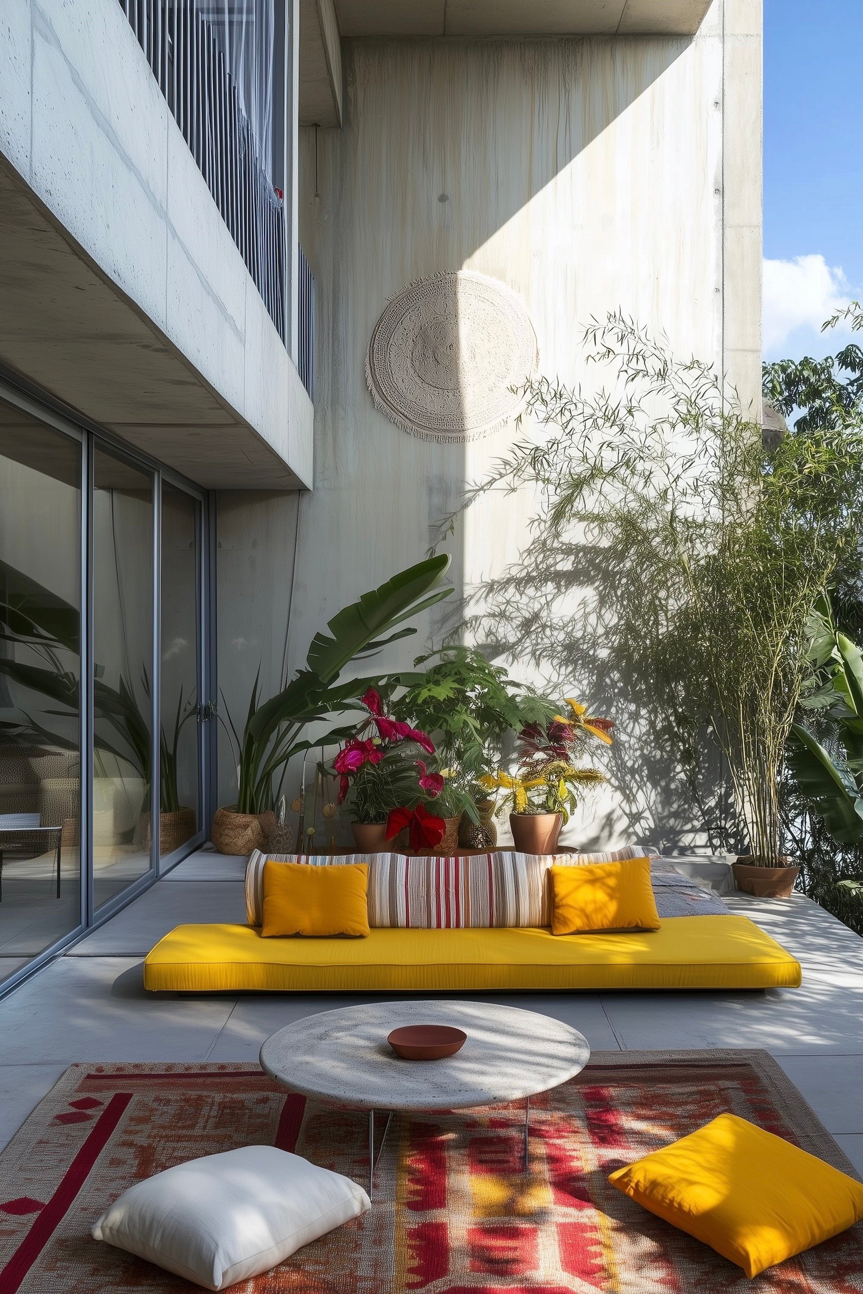 terrasse canapé extérieur jaune coussins rayés