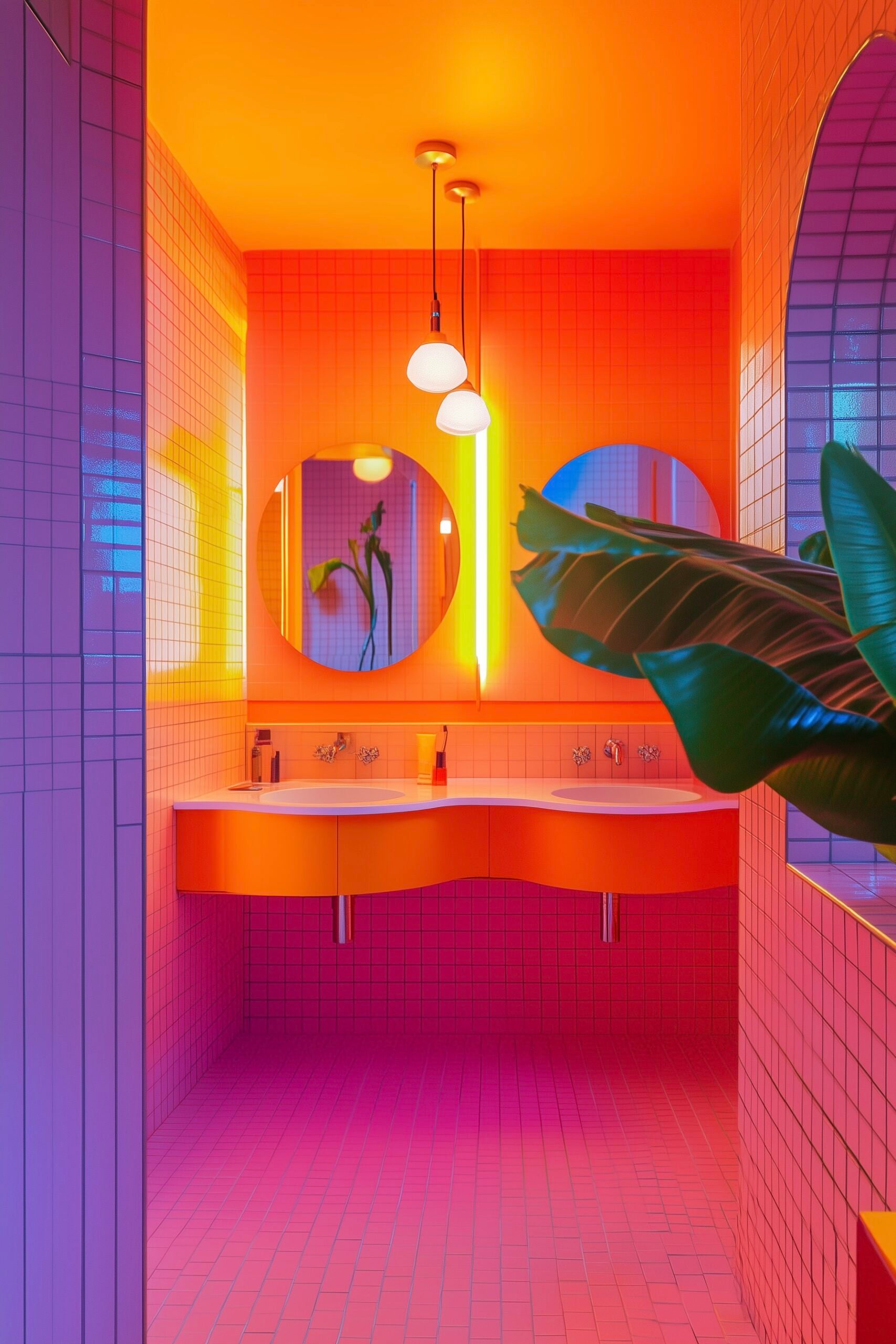 wc hotel double vasque carrelage orange rose