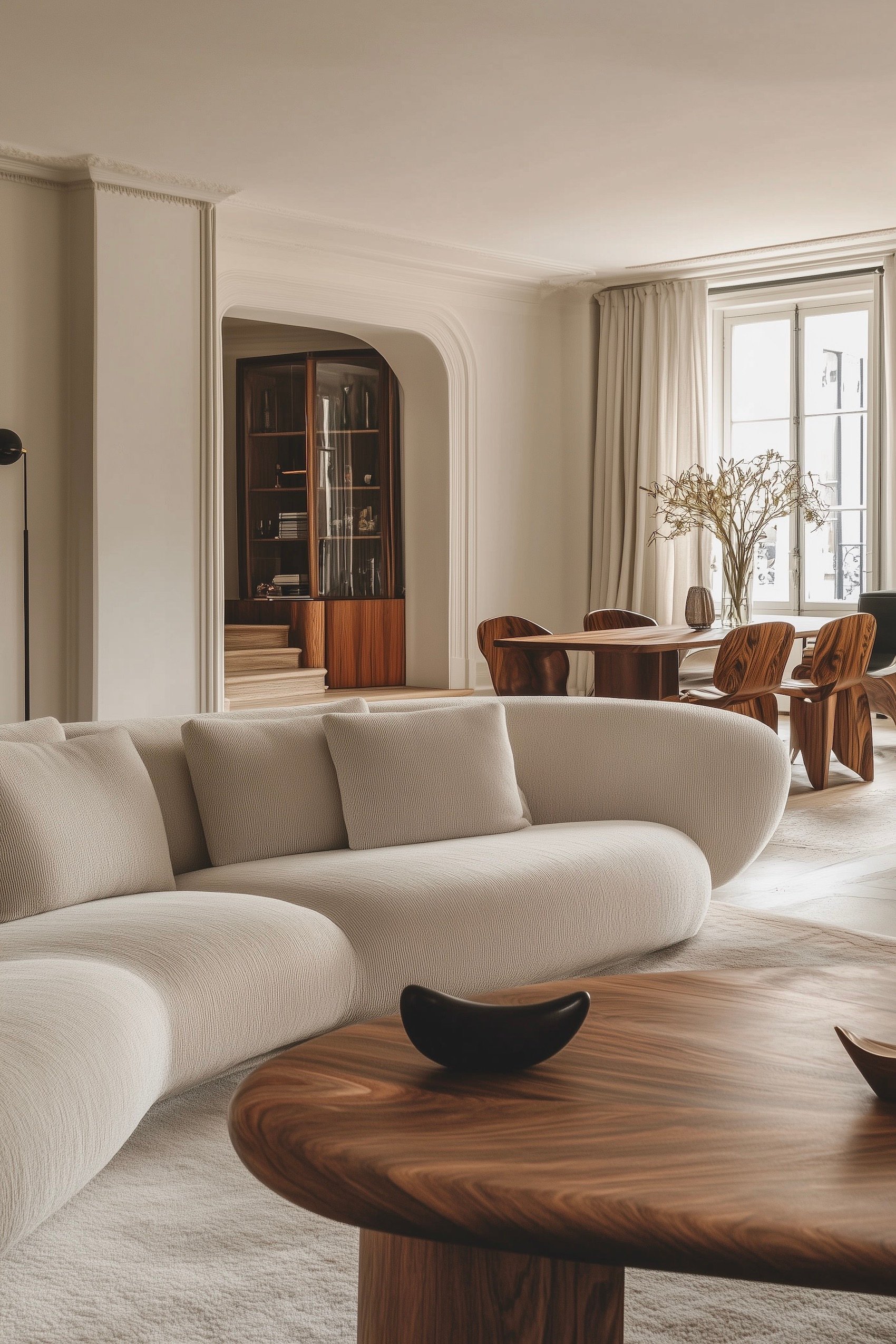 appartement mur arrondi décoration classique chic parisien beige bois foncé