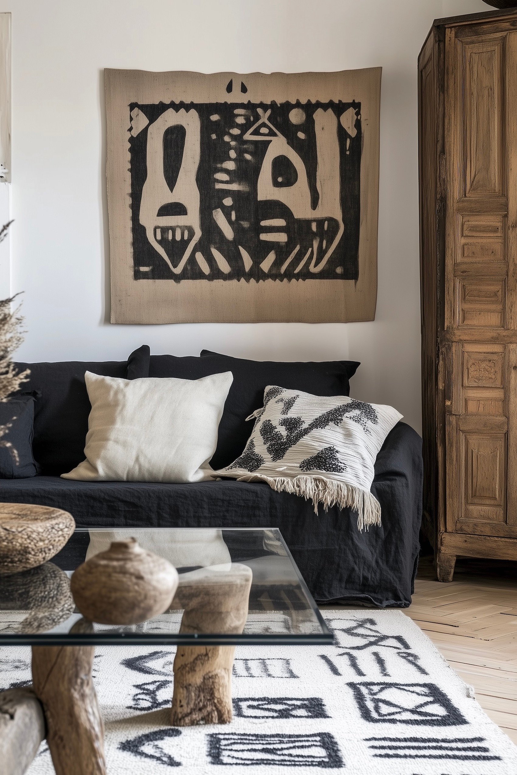 canapé lin noir gris tapis motif ethnique armoire ancienne artisanale