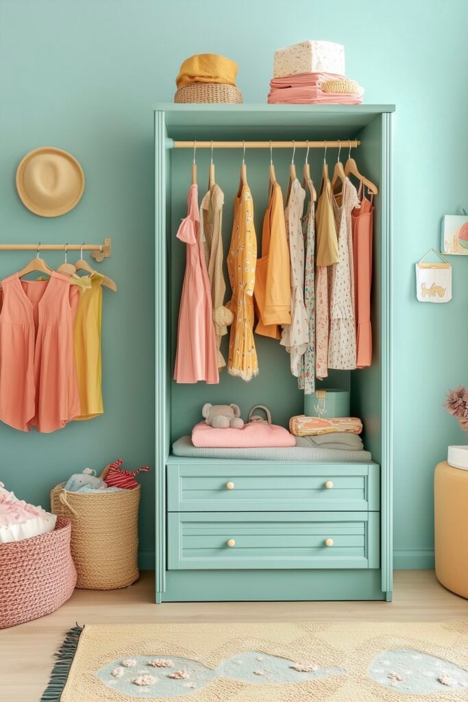 chambre enfant multicolore vert menthe jaune corail