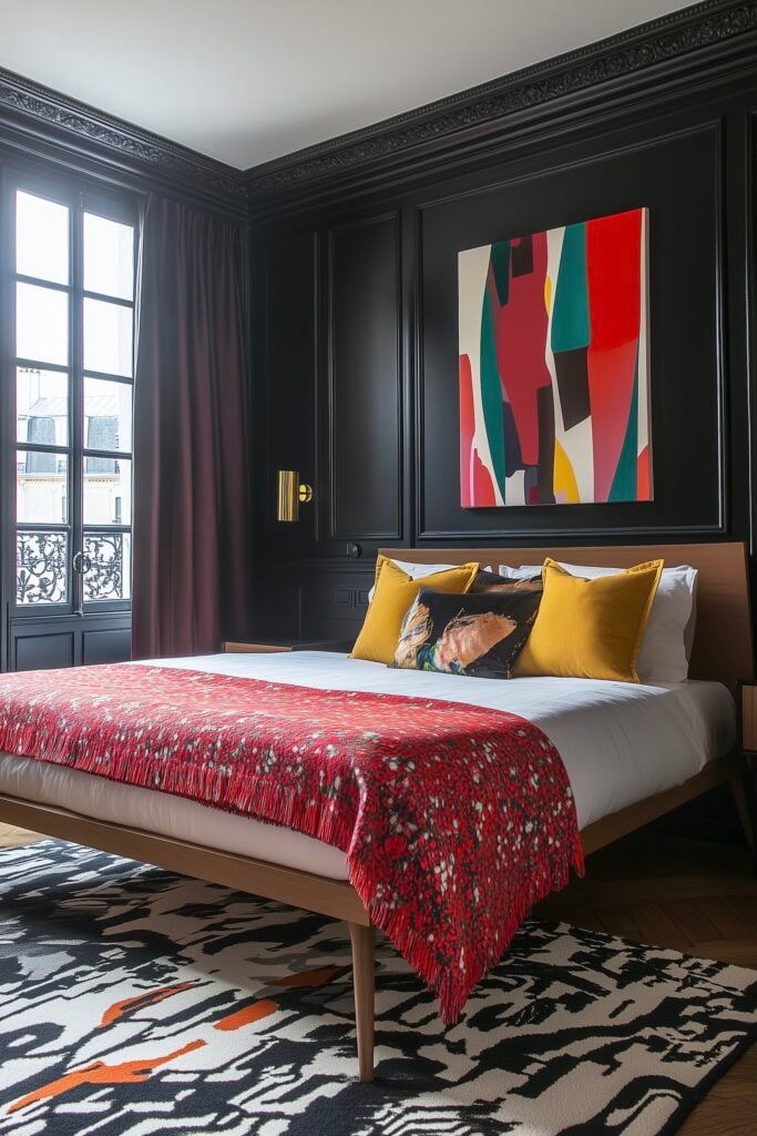 déco chambre parisienne mur noir plaid rouge tableau abstrait