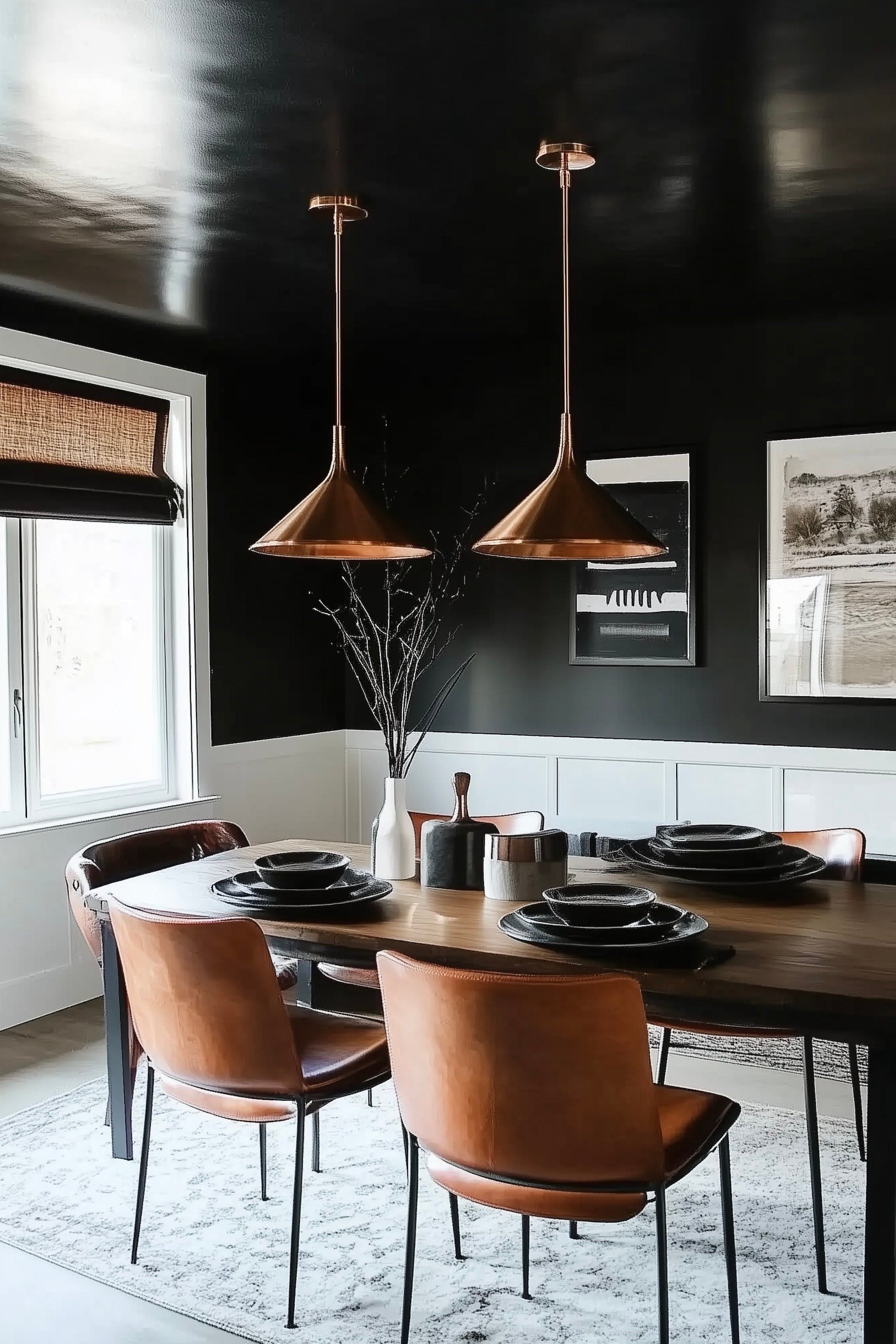 déco salle à manger chaise cuir suspension cuivre