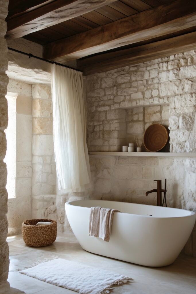 déco salle de bain naturelle baignoire ilot mur pierre