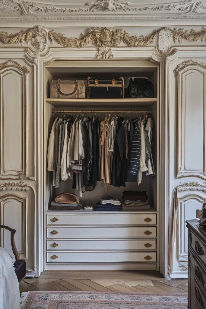 inspiration chambre dressing parisien classique moulures dorées