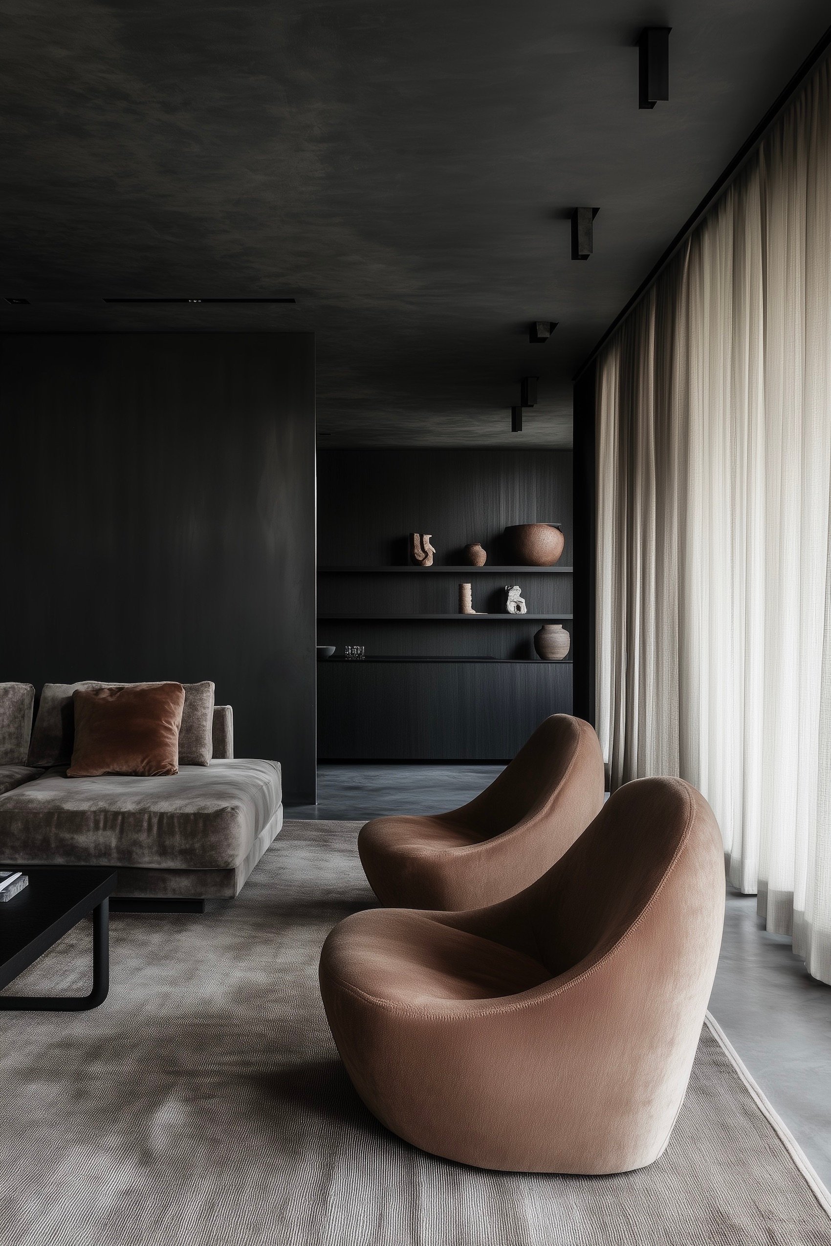 intérieur plafond noir meuble années 80 chocolat velours