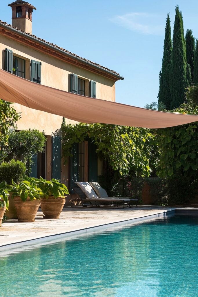 maison briques piscine volet vert forêt