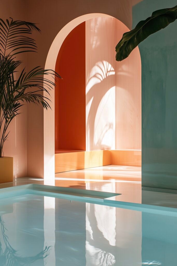piscine intérieure design arches palmier couleurs pastel