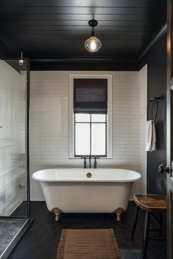 salle de bain rétro noire blanche carrelage hexagone