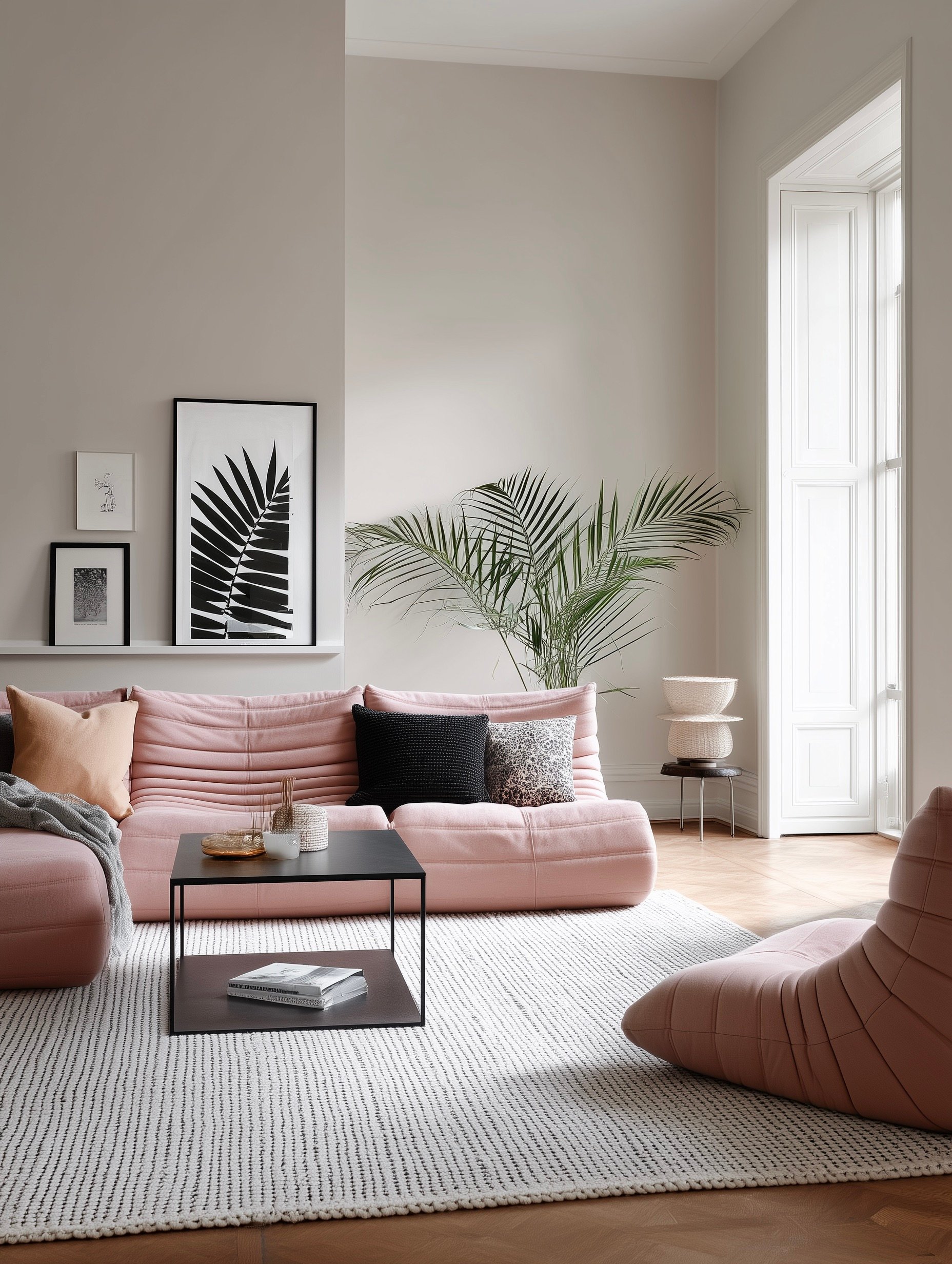 salon gris canapé gris modulable rose pastel Togo ligne roset