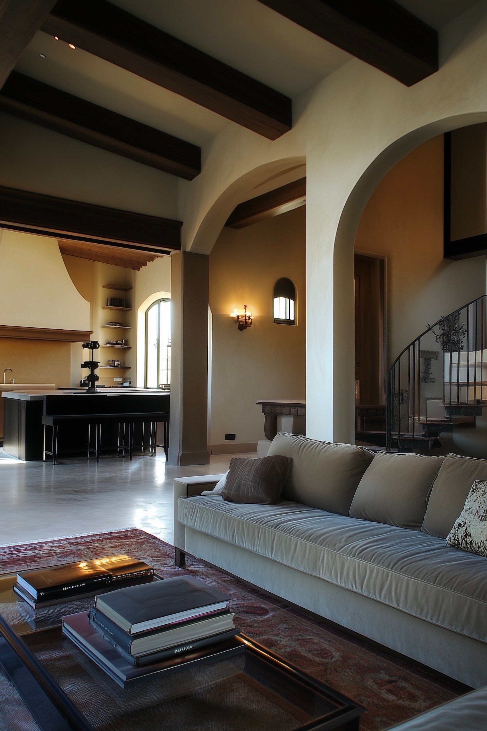 salon poutres apparentes arche canapé velours beige