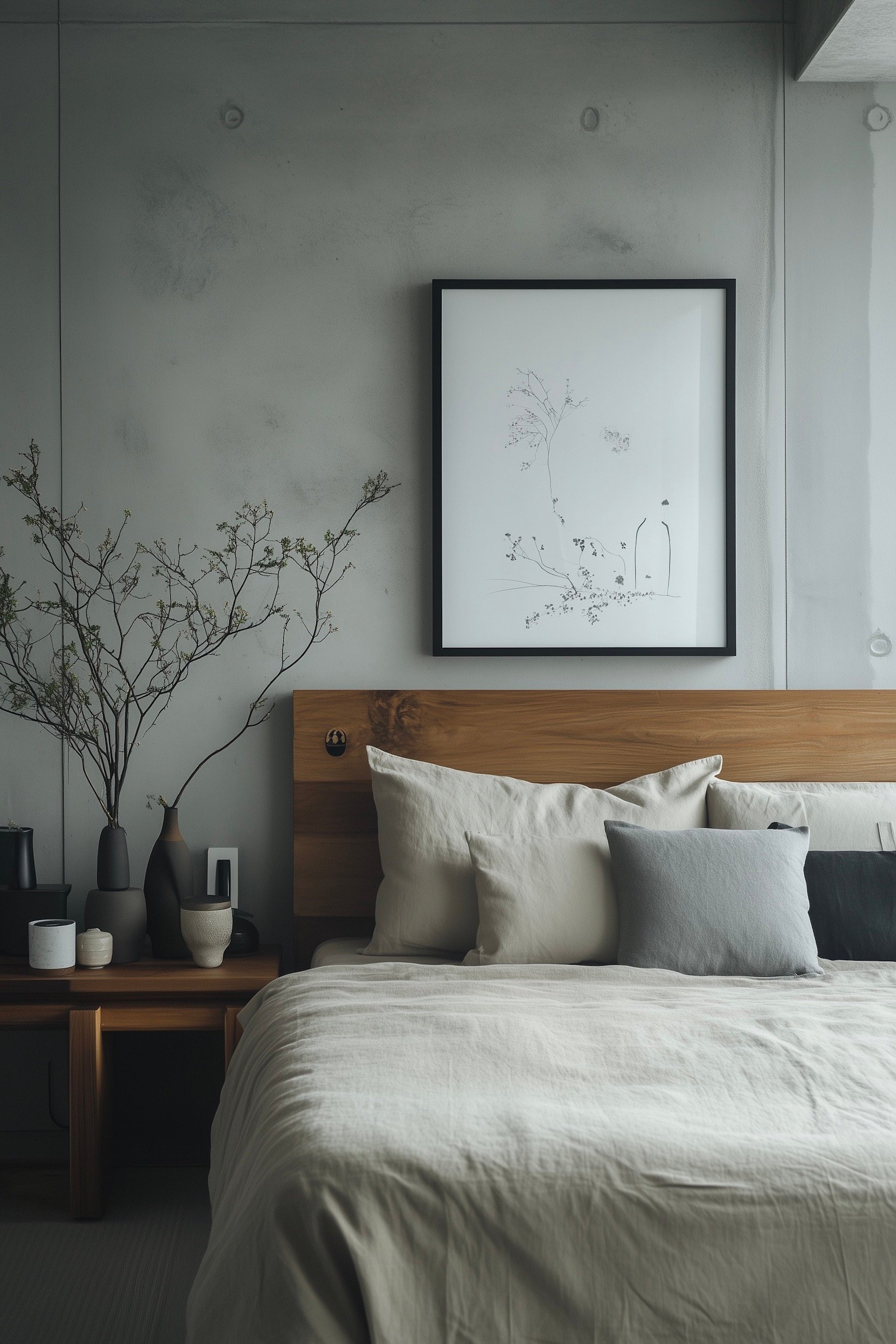 chambre mur béton lit épuré bois brut