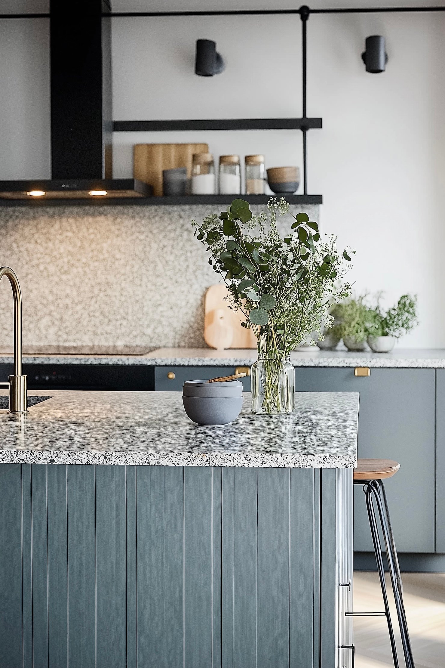 cuisine moderne bleu gris métal granit gris