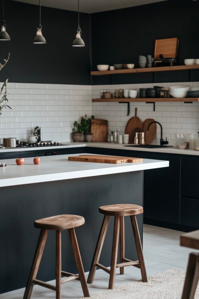 cuisine noire carrelage métro blanc forme L