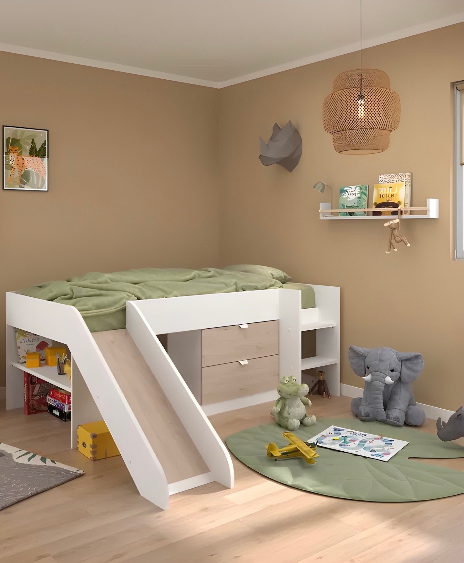 idée déco chambre beige vert peinture murale