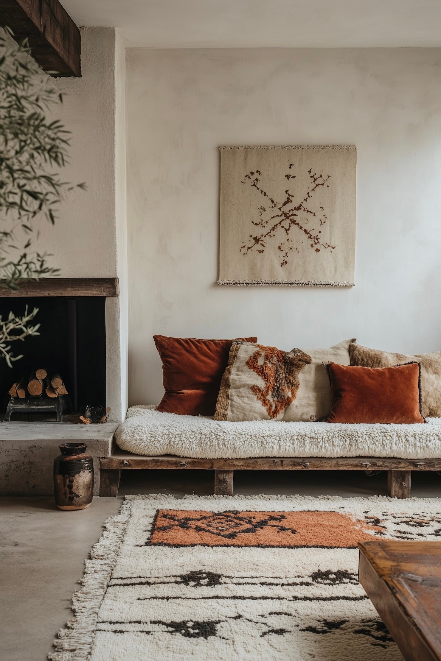 salon hiver coussin velours terracotta tapis berbère