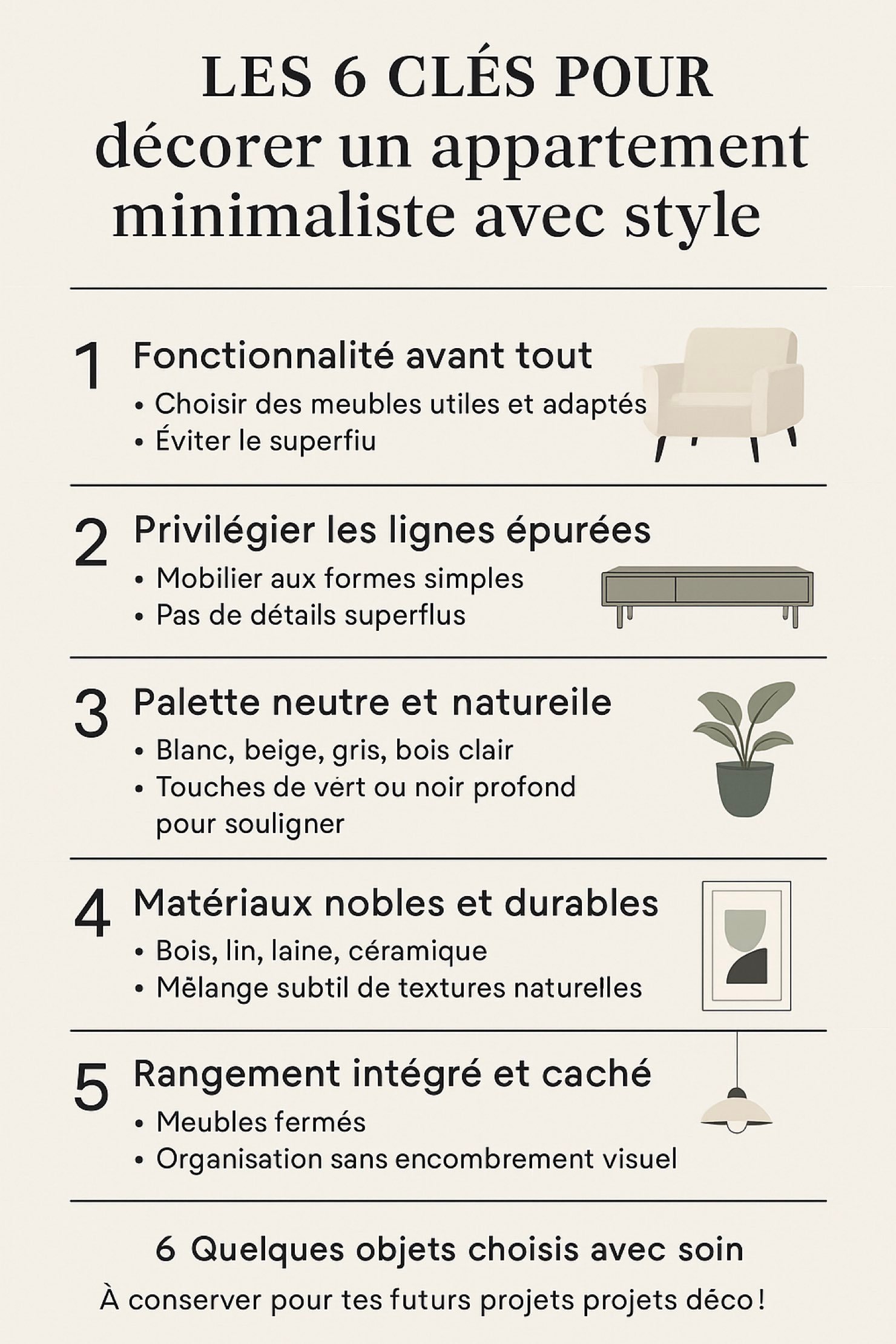 6 clés décorer appartement minimaliste infographie schéma liste