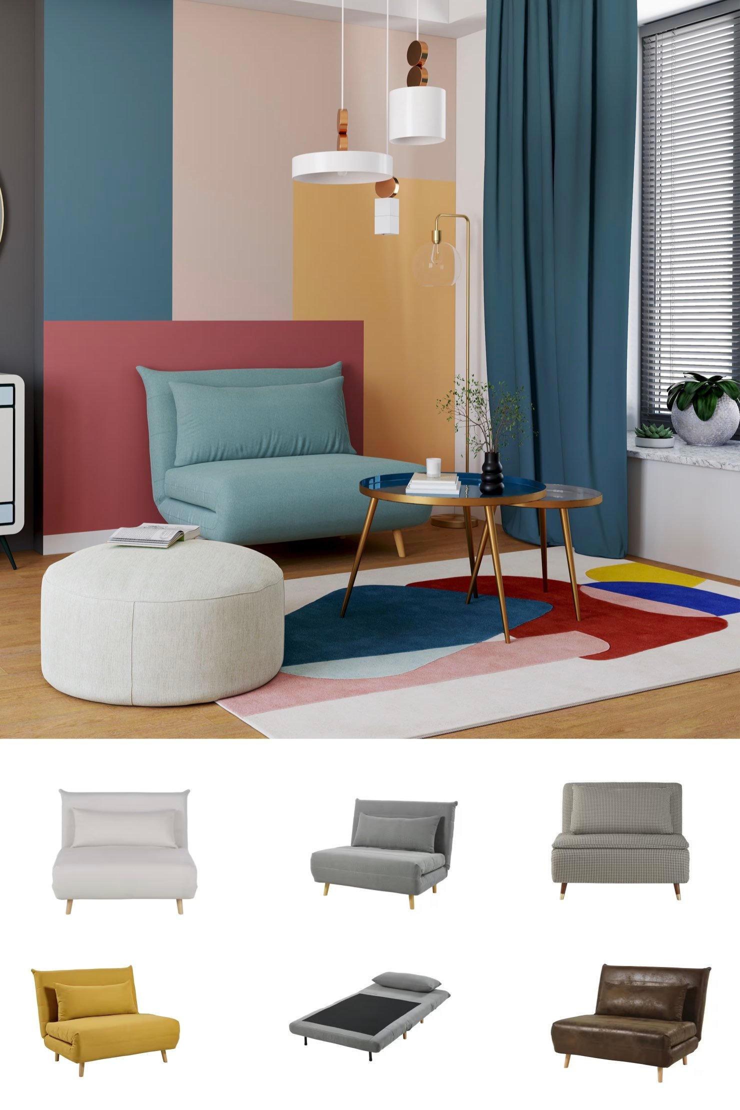 Chauffeuse convertible 1 place jaune bleu gris